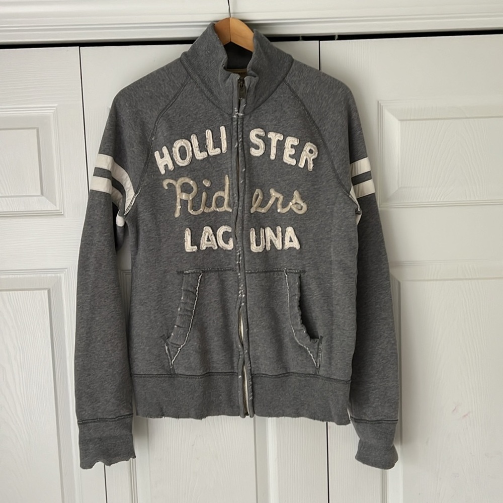 Hollister Riders Laguna Sweatshirt Zip Front Vintage Distressed Medium Gray Y2K